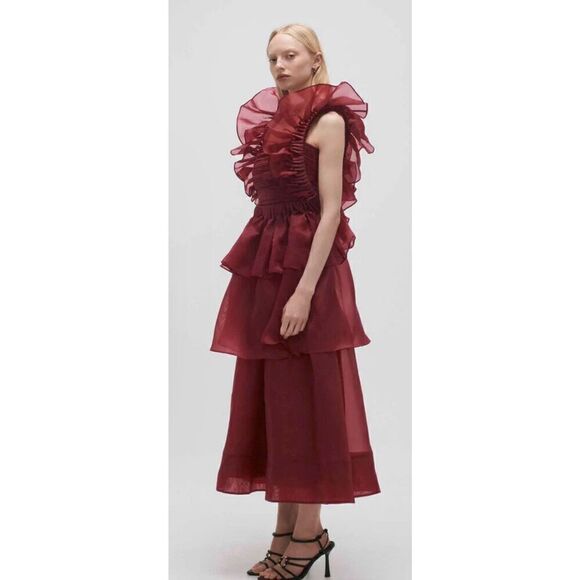 Aje. Asra Pleated Frill Midi Dress in Mahogany Red NWT Size 12/ US 8 - Picture 5 of 11